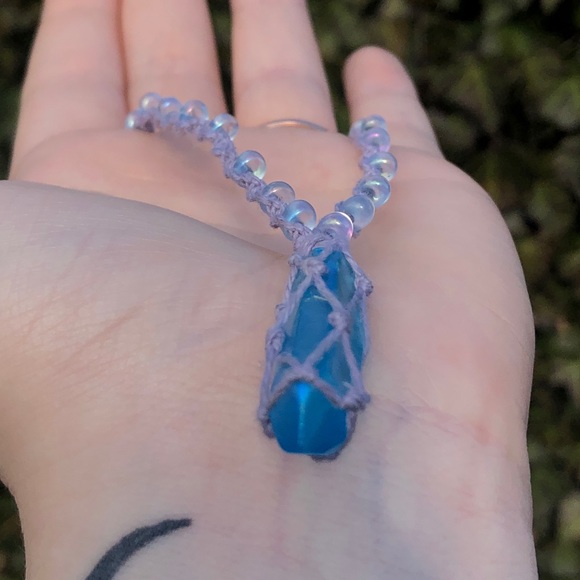 Aqua Aura Quartz Macrame Beaded Necklace - Picture 4 of 8